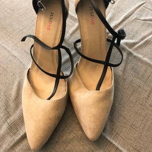 Tan suede pointed toe pumps